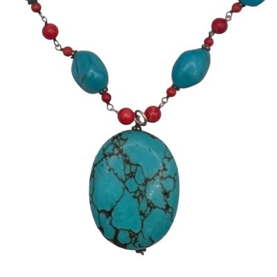 Southwest Sterling Silver Turquoise Coral Beaded Necklace