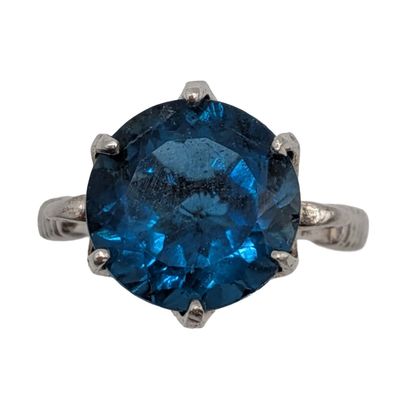 Signed Sterling Silver Blue Topaz Scroll Solitaire Ring Size 6.25