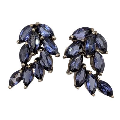 Signed Sterling Silver Lolite Leaf Cluster Stud Earrings