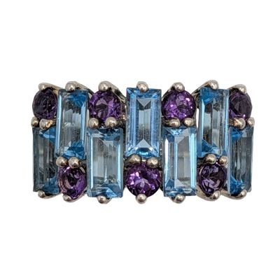 Signed Sterling Silver Blue Topaz Amethyst Band Ring Size 7.25