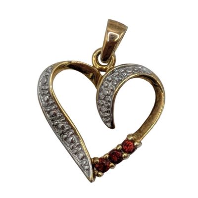 Signed Gold Over Sterling Silver Diamond Garnet Open Heart Pendant