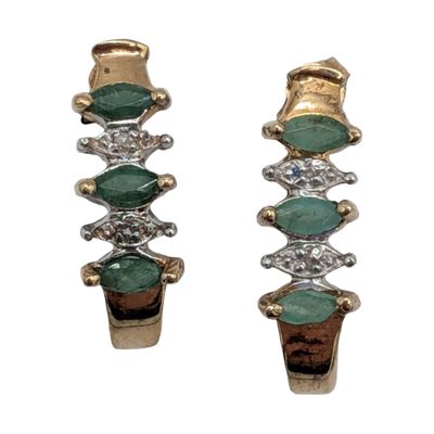 Signed 10K Yellow Gold Diamond Emerald Half Hoop Stud Earrings