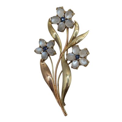 Bailey Banks & Biddle 14K Two Tone Gold Sapphire Moonstone Flower Brooch