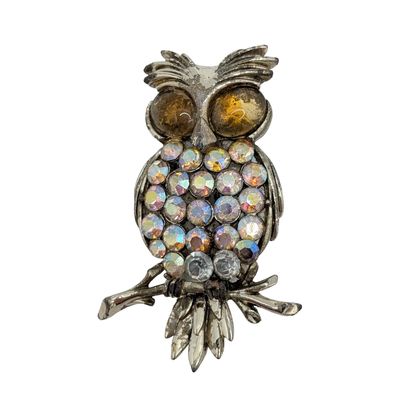 Coro Silver Tone Rhinestone Owl Brooch