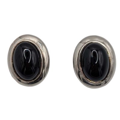 Signed Sterling Silver Onyx Oval Stud Earrings