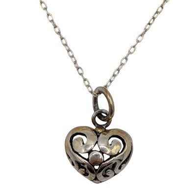 Signed Sterling Silver Open Scrollwork Heart Necklace