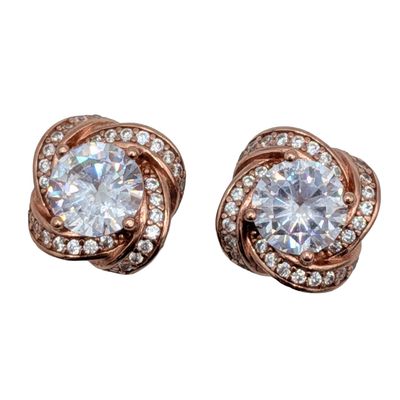 Signed Rose Gold Over Sterling Silver Rhinestone Twisted Halo Stud Earrings