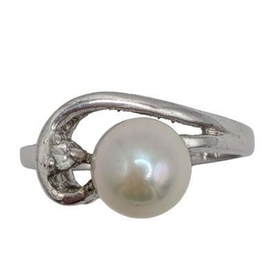 Sterling Silver Pearl CZ Swirl Accent Ring Size 4