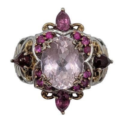 Signed Sterling Silver Ruby Multi-Stone Cluster Scroll Cut Ring Size 6.75