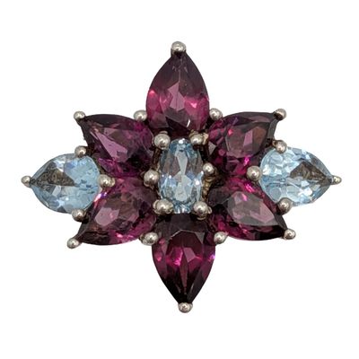 Sterling Silver Blue Topaz Garnet Floral Ring Size 6