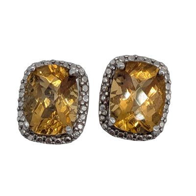 Signed Sterling Silver Diamond Citrine Halo Stud Earrings