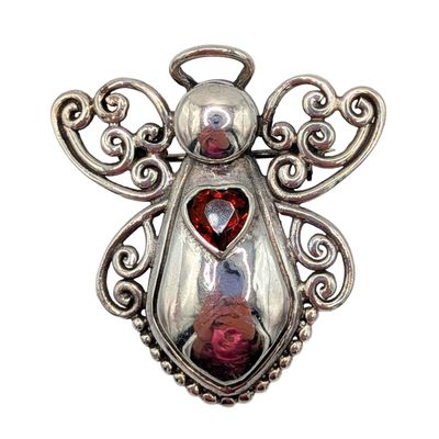 Sterling Silver Red Rhinestone Heart Angel Pendant/Brooch