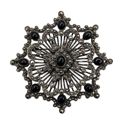 Sterling Silver Onyx Marcasite Ornate Starburst Pendant/Brooch