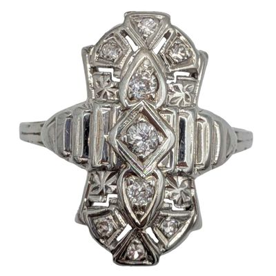 Antique 18K White Gold Diamond Art Deco Shield Ring Size 7.5