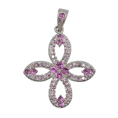 Signed Sterling Silver Ruby CZ Floral Cross Pendant