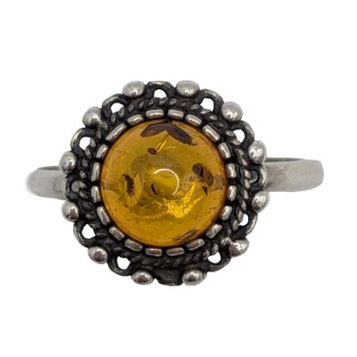 Signed Vintage Sterling Silver Amber Scroll Flower Ring Size 7.5