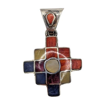Peruvian 950 Silver Multi-Stone Inlay Dangle Pendant