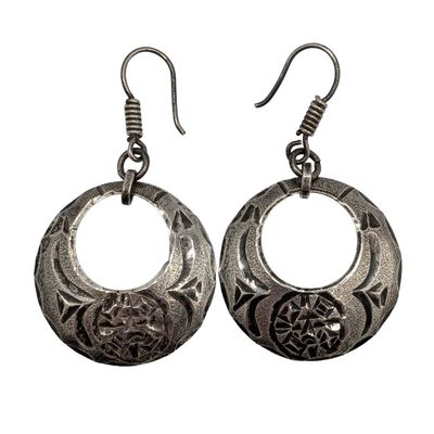 Mexico Sterling Silver Stamped Dangle Hoop Earrings