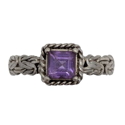 Signed Turkey Sterling Silver Amethyst Byzantine Band Solitaire Ring Size 7.75