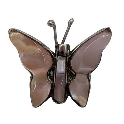 Taxco Mexico Sterling Silver Pink Mother of Pearl Butterfly Slide Pendant