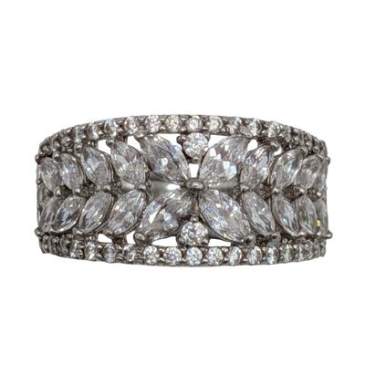 Sterling Silver Marquise CZ Floral Leaf Band Ring Size 7.75