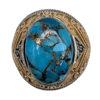 Southwest Gold Over Sterling Silver CZ Blue Dahlia Turquoise Ring Size 9.25