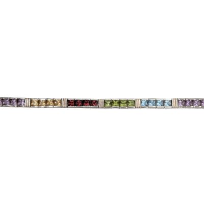 Signed Sterling Silver Multi-Stone Princess Cut Tennis Bracelet