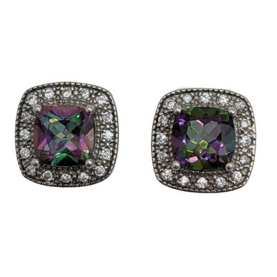 Signed Sterling Silver Iridescent Crystal CZ Halo Stud Earrings