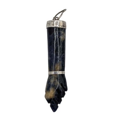 Signed Sterling Silver Carved Sodalite Figa Hand Pendant