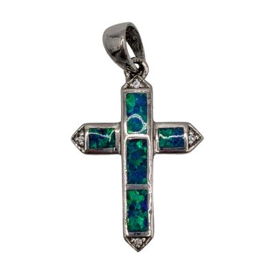Sterling Silver Opal Inlay CZ Cross Pendant