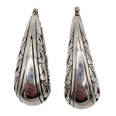 Signed Sterling Silver Long Open Scrollwork Oval Hoop Earrings