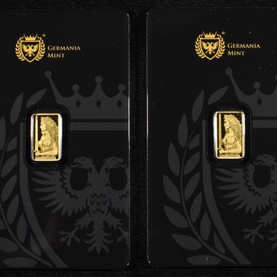 Sale Photo Thumbnail #424: (2) GERMANIA MINT 1/200TH .9999 GOLD BARS PROOF