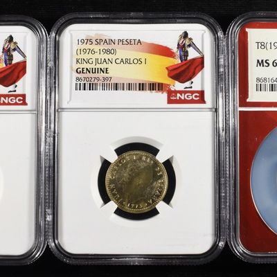 Sale Photo Thumbnail #103: (2) 1975 SPAIN PESETA & 1919 JAPAN 5R NGC GRADED