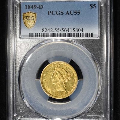 Sale Photo Thumbnail #442: 1849-D $5 GOLD LIBERTY PCGS AU-55 RARE