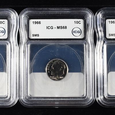 Sale Photo Thumbnail #333: 1967, 66 & 65 ROOSEVELT DIMES ICA MS68 SMS
