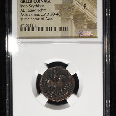 Sale Photo Thumbnail #113: c.20-46 AD GREEK INDO-SCYTHIANS TETRADRACHM NGC F