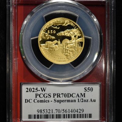 Sale Photo Thumbnail #431: 2025-W SUPERMAN 1/2OZ .9999 GOLD PCGS PR70DCAM