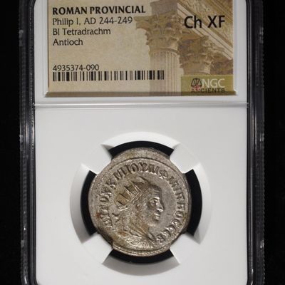 Sale Photo Thumbnail #216: AD 244-249 PHILIP I BI TETRADRACHM NGC CH XF