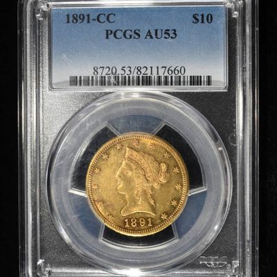 Sale Photo Thumbnail #446: 1891-CC $10 GOLD LIBERTY PCGS AU-53