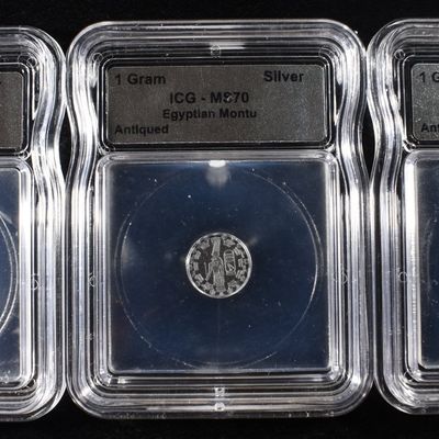 Sale Photo Thumbnail #102: (3) 1 GRAM EGYPTIAN MONTU SILVER ICG MS70