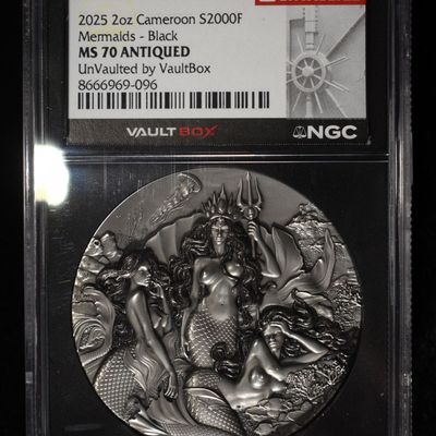 2025 2 OZ SILVER CAMEROON MERMAIDS BLACK NGC MS-70