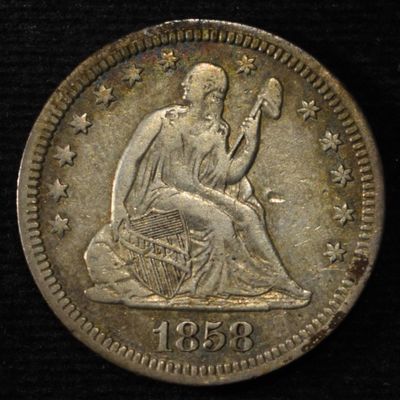 1858 SEATED LIBERTY QUARTER VF