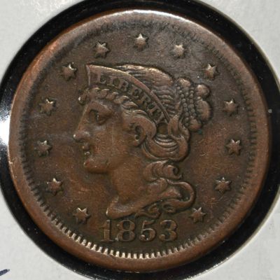 1853 BRAIDED HAIR LARGE CENT XF