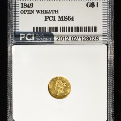 1849 $1 GOLD T1 OPEN WREATH PCI CH/GEM BU