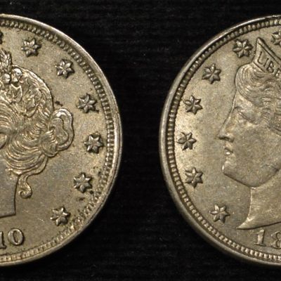 1883 NO CENTS & 1910 LIBERTY "V" NICKELS AU