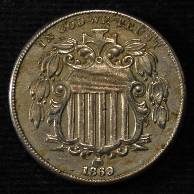 1869 SHIELD NICKEL AU