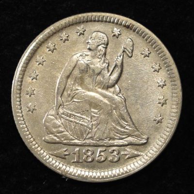 1853 LIBERTY SEATED QUARTER ARR. & RAYS  AU/UNC
