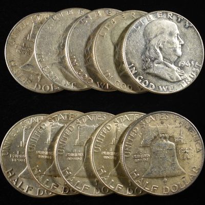 (10) 90% SILVER FRANKLIN HALF DOLLARS