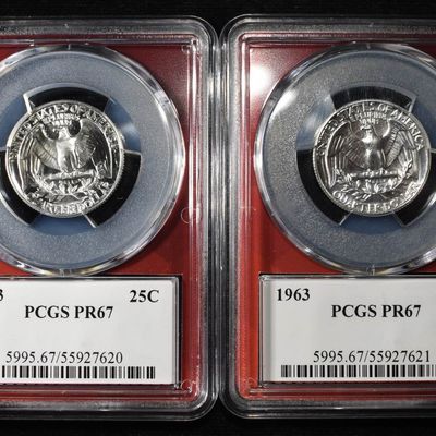 (2) 1963 WASHINGTON QUARTERS PCGS PR-67