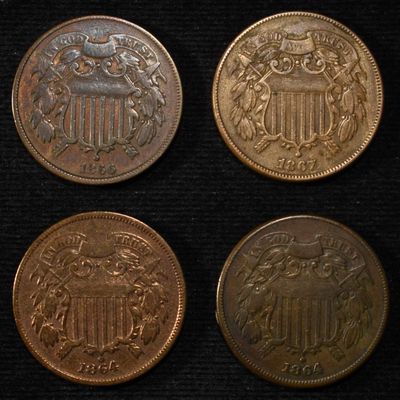 (2) 1864, 66, 67 2-CENT PIECES VF